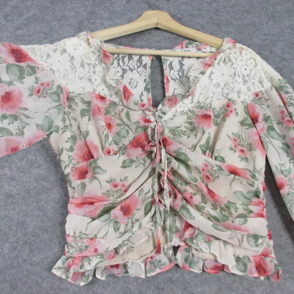 Fate Women's Ruched Floral Lace Crop Top Long Sleeve Ruffle Casual Pink M 178 - Picture 6 of 14